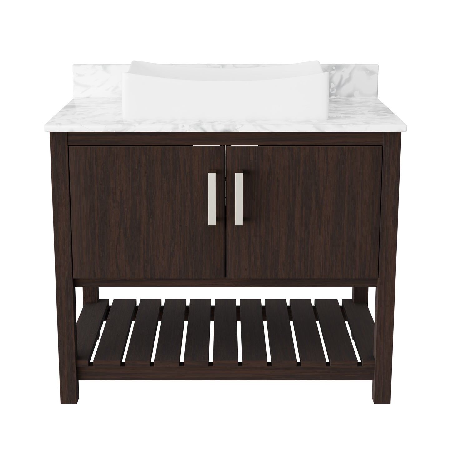 36-inch Novatto bath vanity with Carrara white marble counter and integrated sink, showcasing elegant bathroom accessory design.