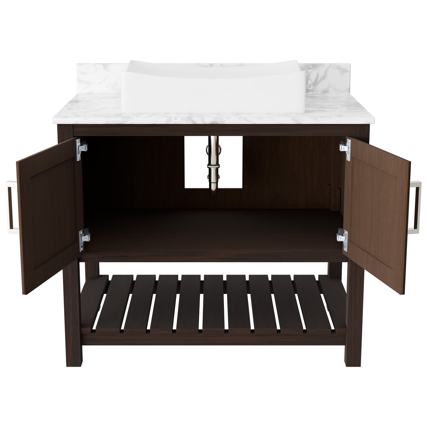 36-inch Novatto bath vanity with Carrara white marble counter and sink, showcasing elegant bathroom accessory design.