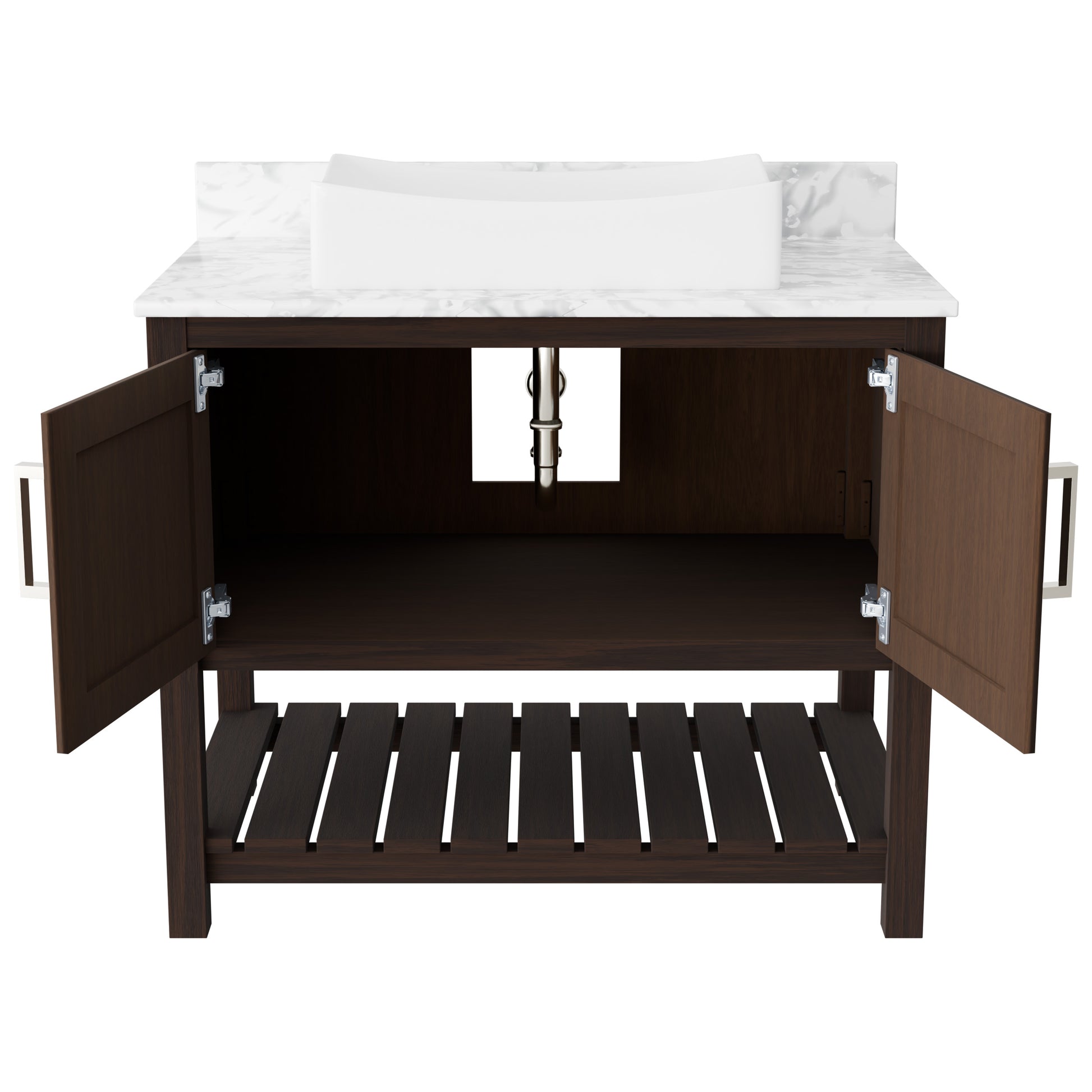 36-inch Novatto bath vanity with Carrara white marble counter and sink, showcasing elegant bathroom accessory design.