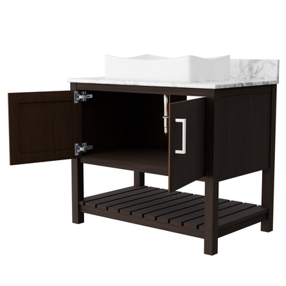 36-inch Novatto bath vanity with Carrara white marble countertop and sink, showcasing sleek design and elegant surface details.