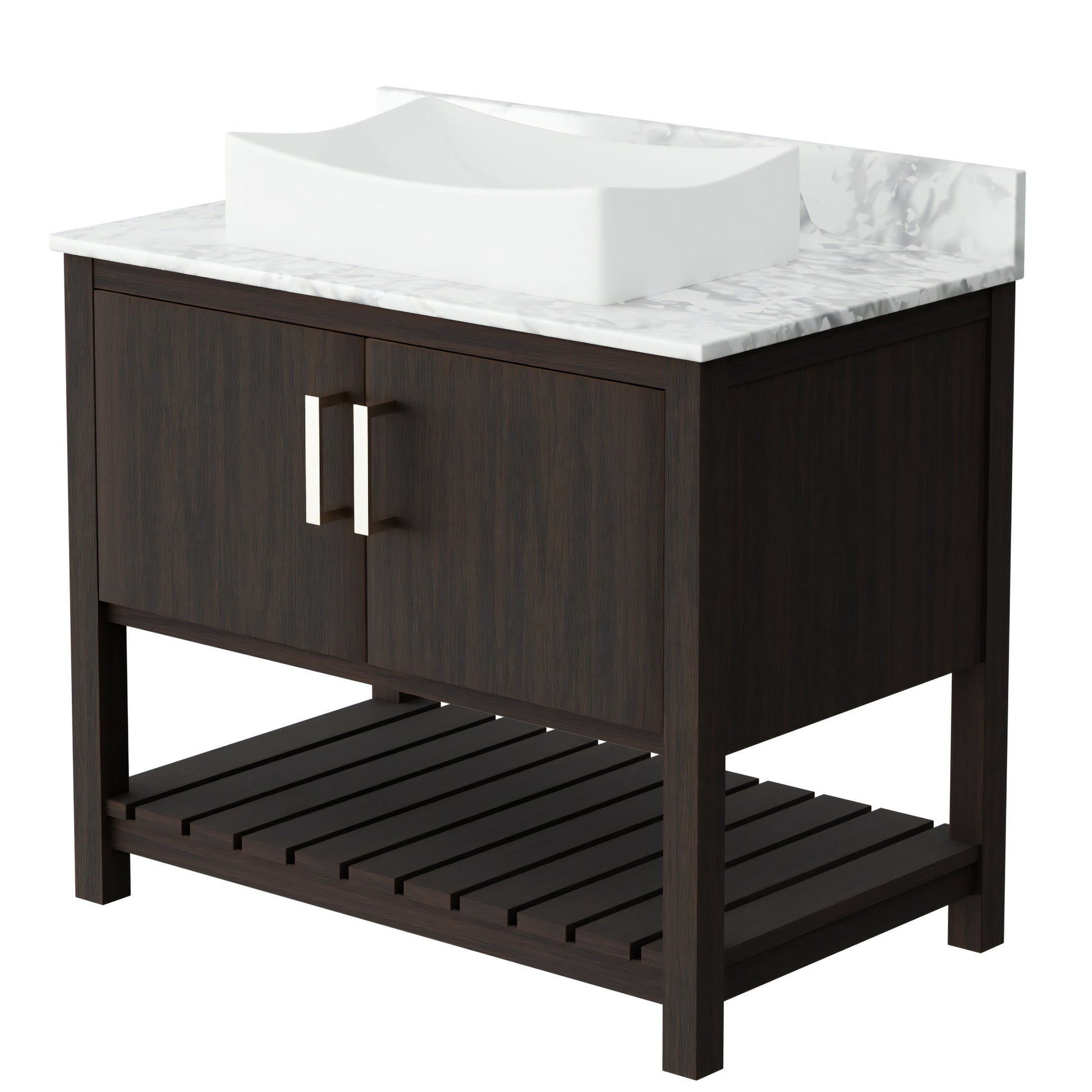 36-inch Novatto bath vanity with Carrara white marble countertop and integrated sink, showcasing elegant bathroom accessory design