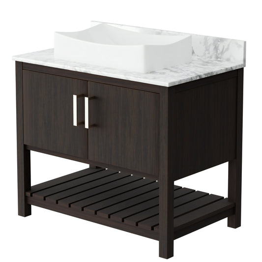 36-inch Novatto bath vanity with Carrara white marble countertop and integrated sink, showcasing elegant bathroom accessory design