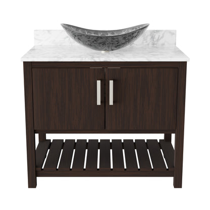 36-inch Novatto bath vanity with Carrara white marble countertop and integrated sink, showcasing elegant bathroom accessory design.