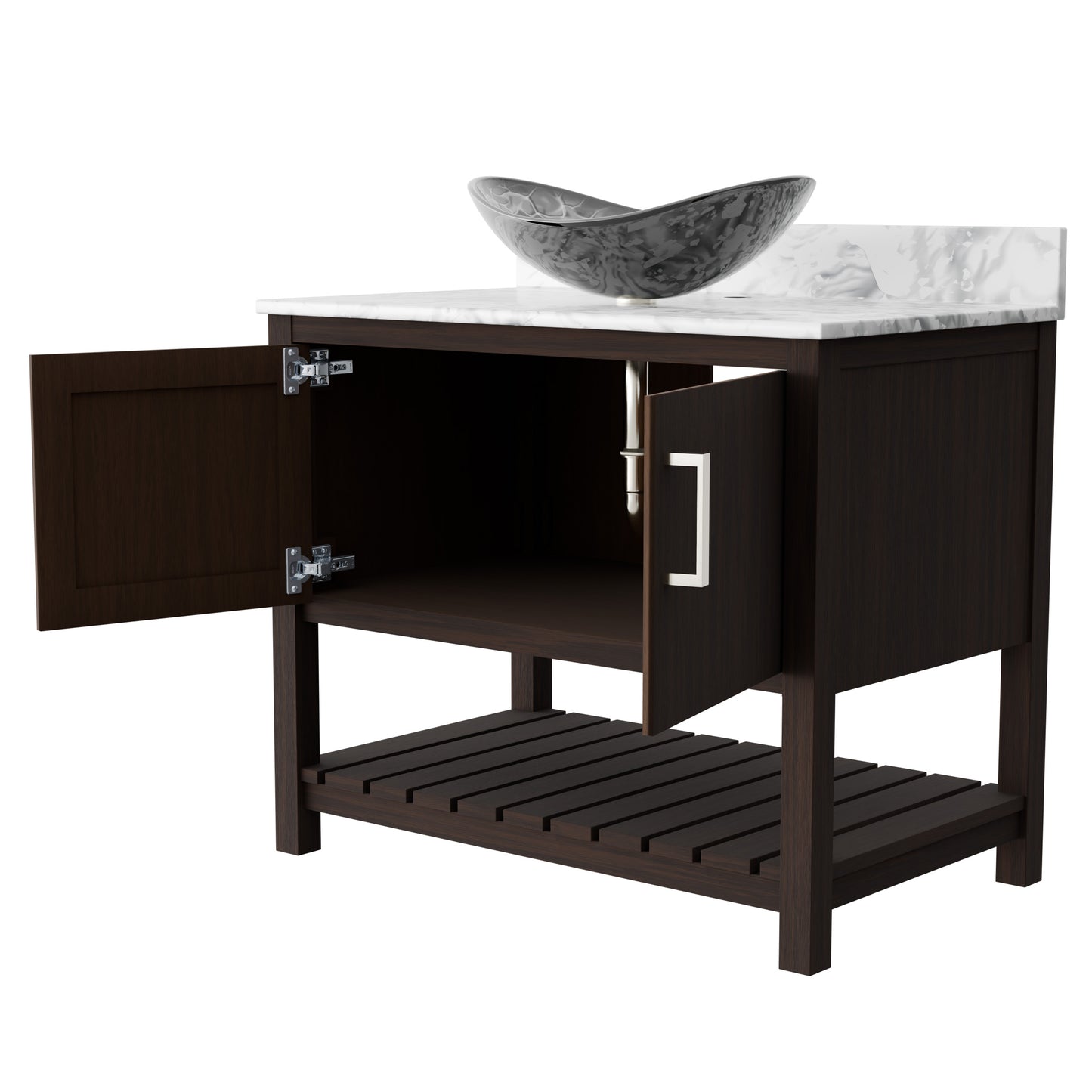 Novatto 36-inch bath vanity with Carrara white marble countertop and sink, featuring elegant and durable bathroom accessory design.