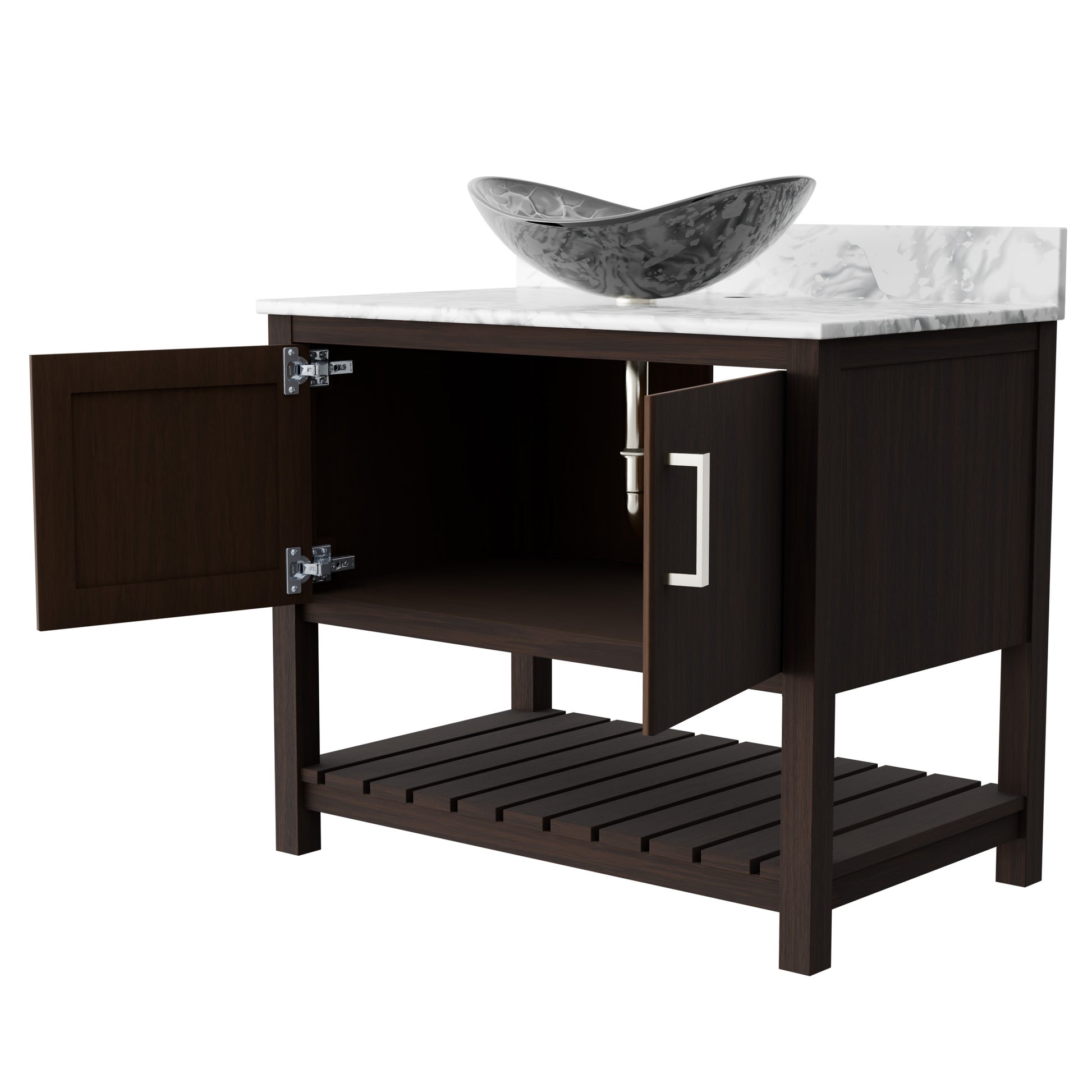 Novatto 36-inch bath vanity with Carrara white marble countertop and sink, featuring elegant and durable bathroom accessory design.