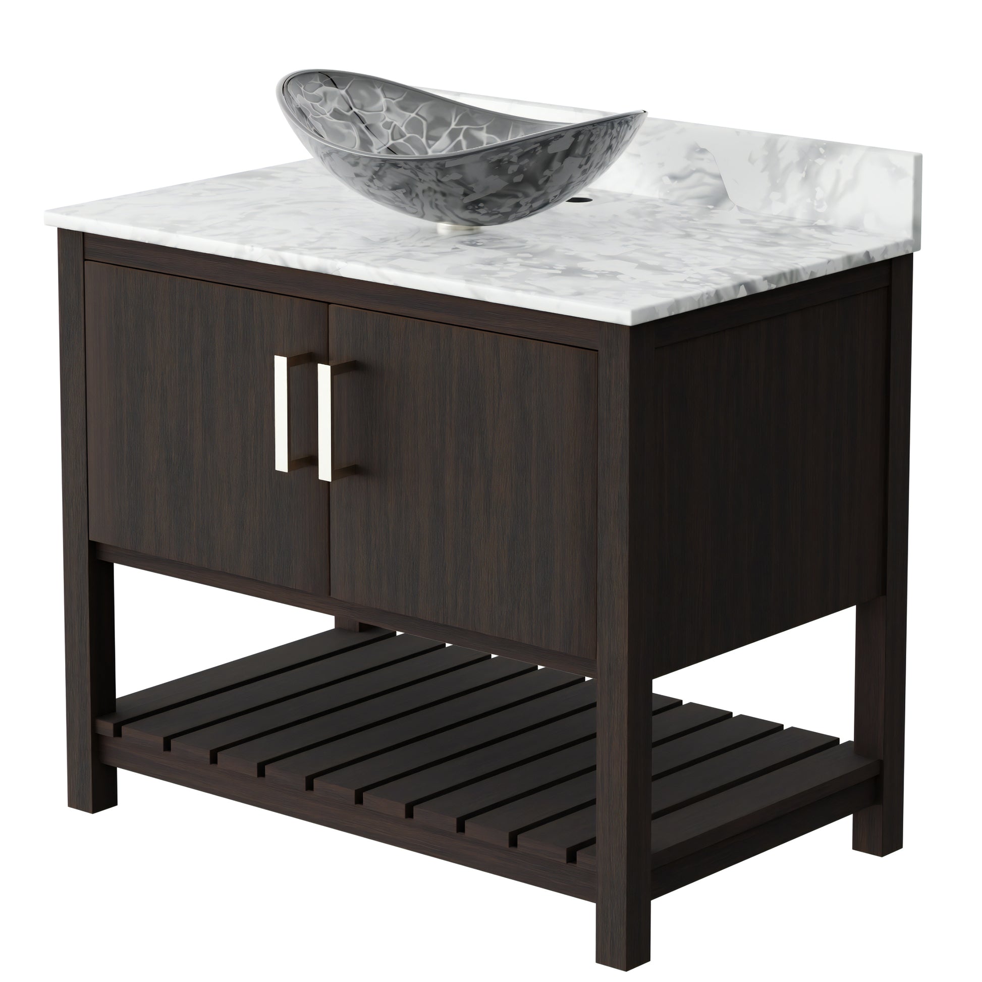 36-inch Novatto bath vanity with Carrara white marble countertop and sink, showcasing elegant bathroom accessory design