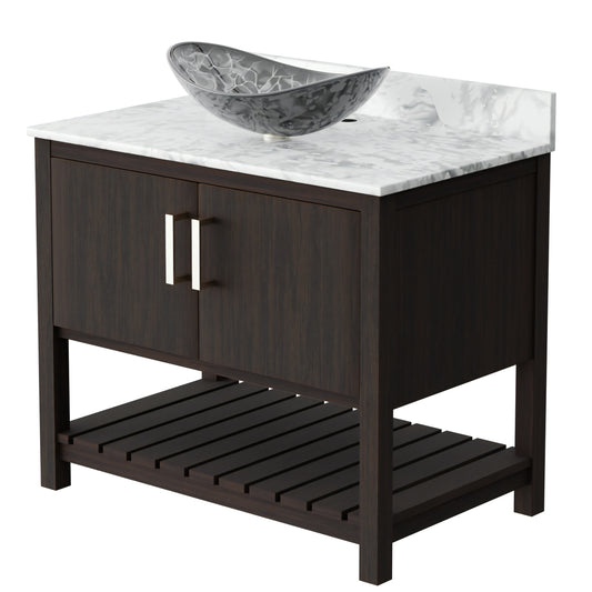 36-inch Novatto bath vanity with Carrara white marble countertop and sink, showcasing elegant bathroom accessory design