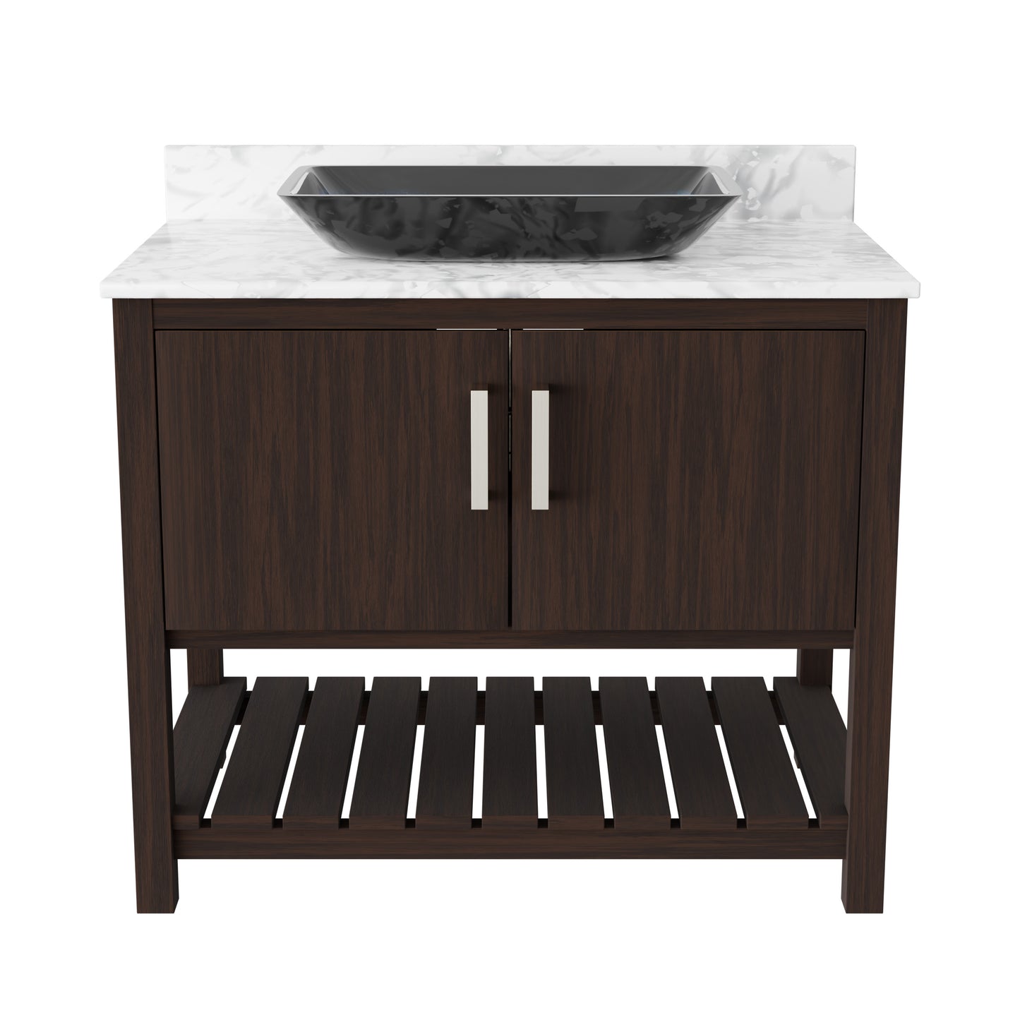 Novatto 36-inch bath vanity with Carrara white marble countertop and integrated sink, showcasing elegant bathroom accessory design.