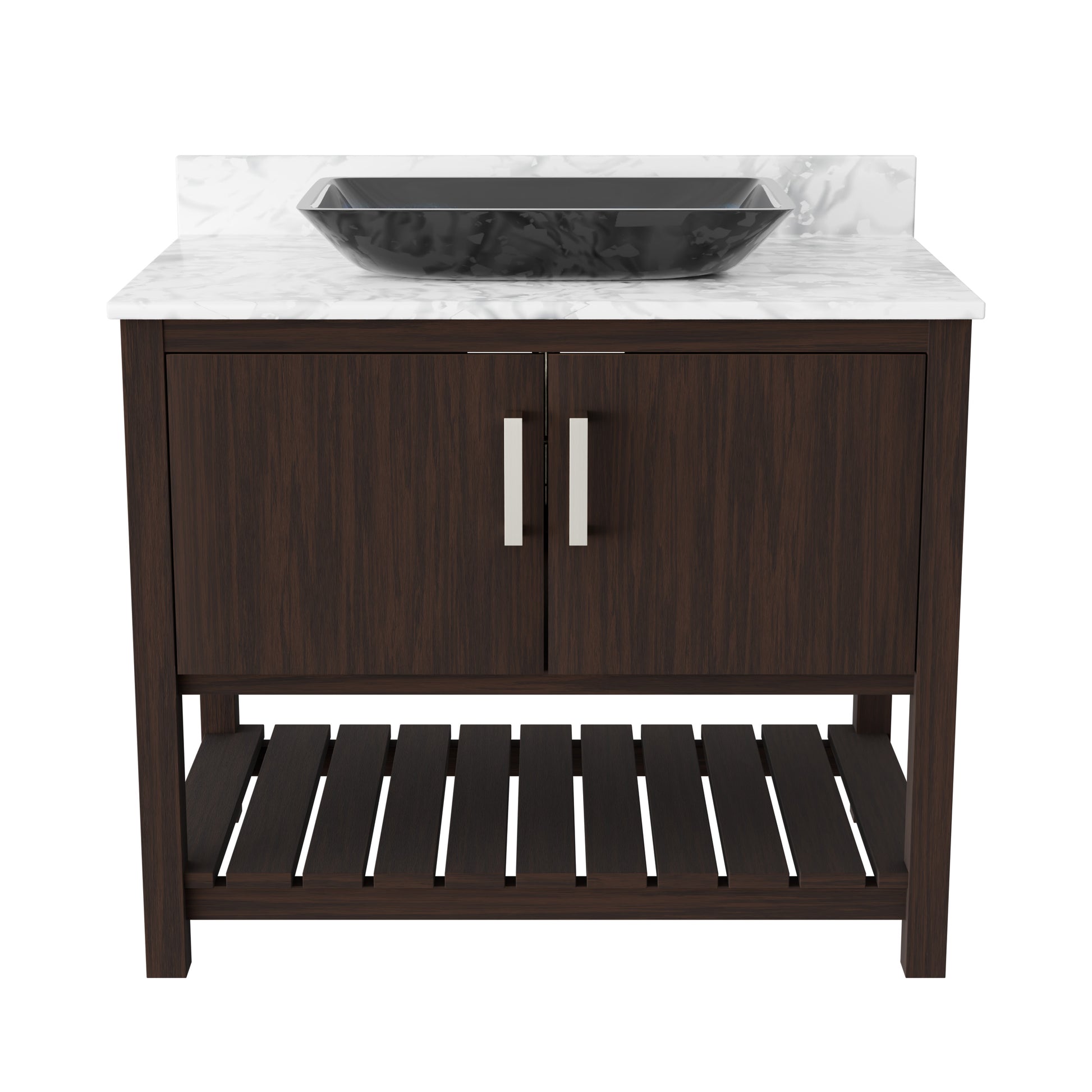 Novatto 36-inch bath vanity with Carrara white marble countertop and integrated sink, showcasing elegant bathroom accessory design.