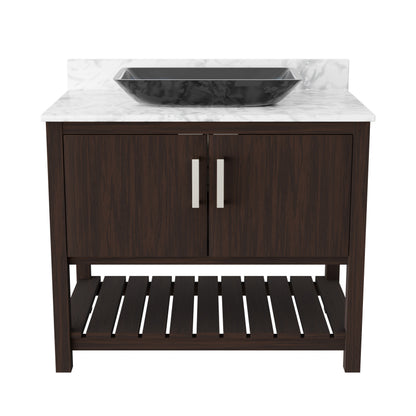 Novatto 36-inch bath vanity with Carrara white marble countertop and integrated sink, showcasing elegant bathroom accessory design.