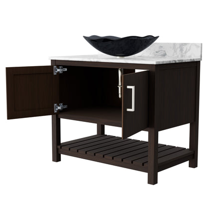 36-inch Novatto bath vanity with Carrara white marble countertop and integrated sink, showcasing a modern bathroom accessory.