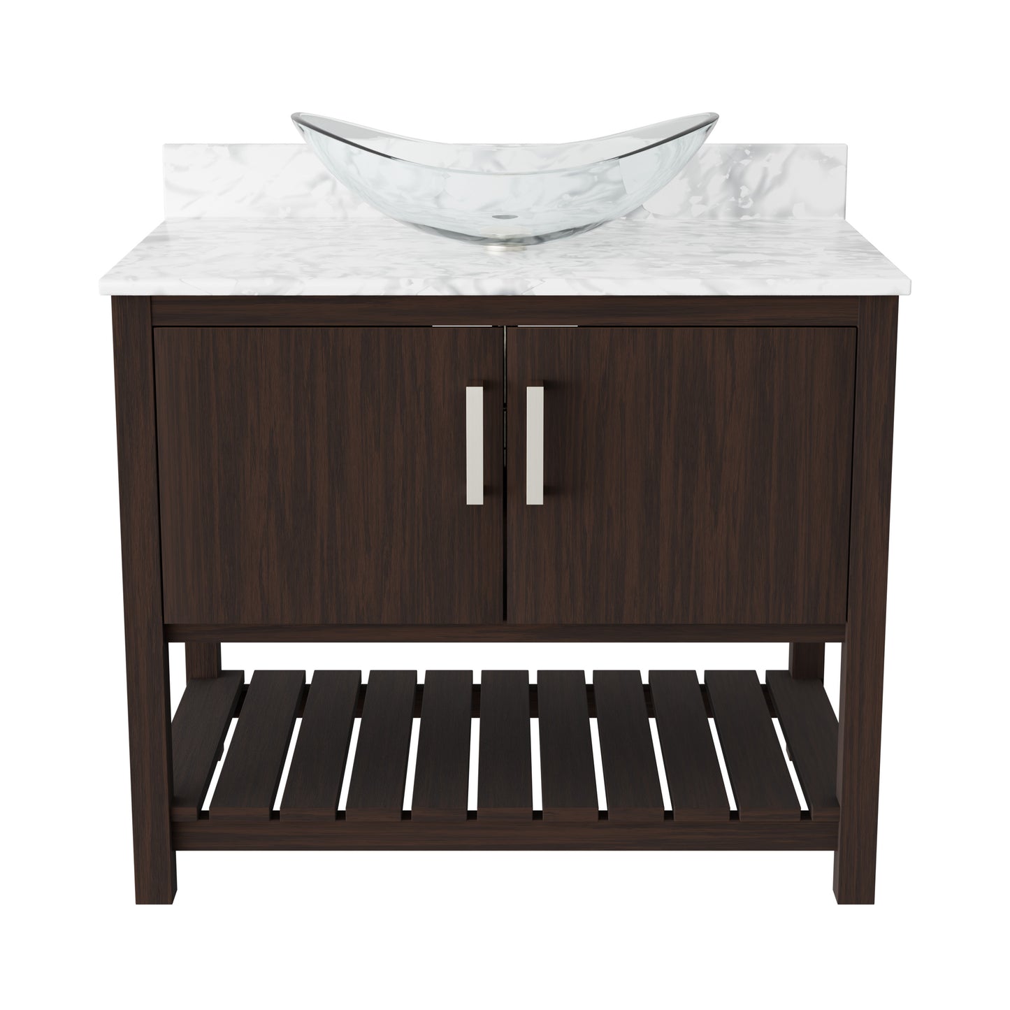 36-inch Novatto bath vanity with Carrara white marble countertop and integrated sink, shown from a front view.