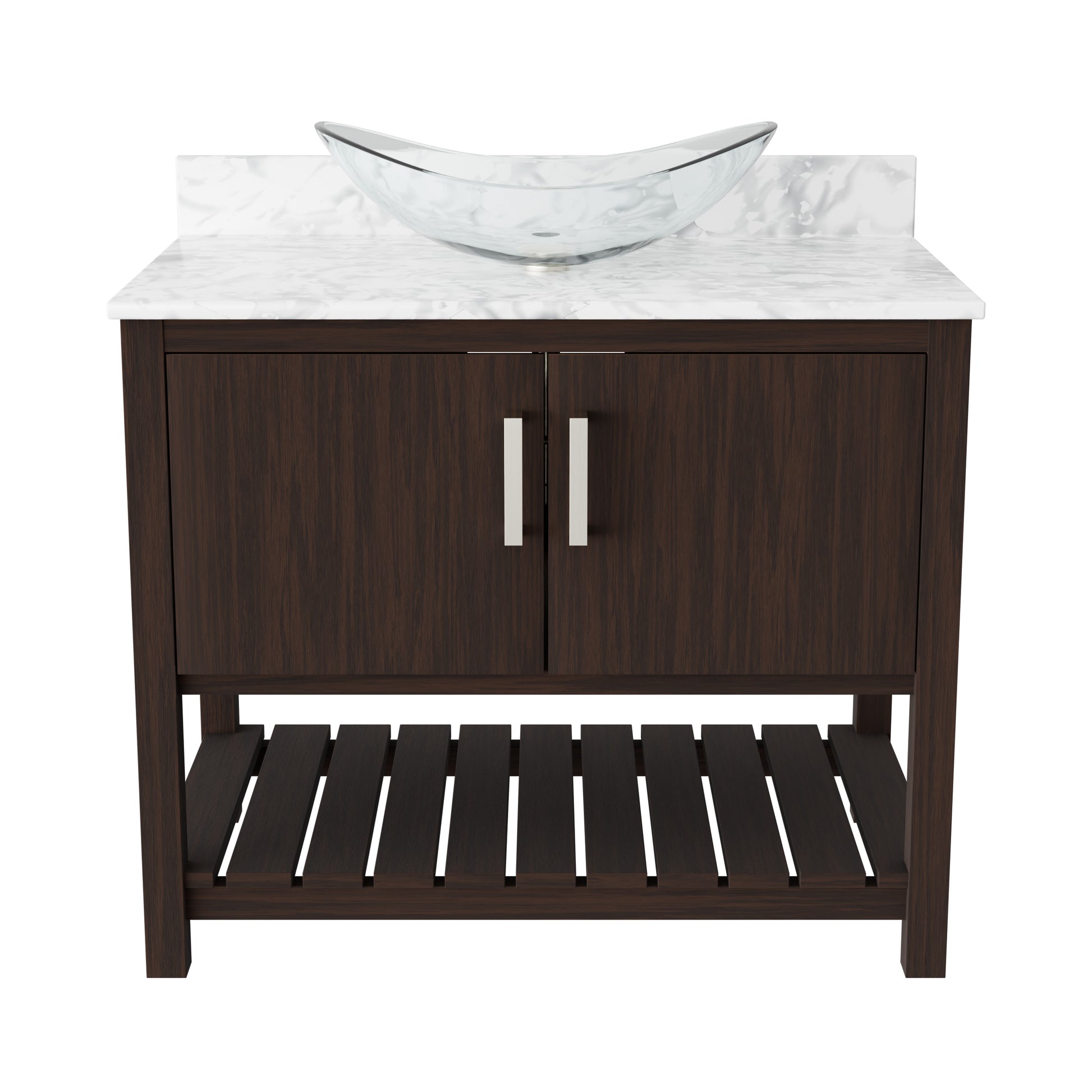 36-inch Novatto bath vanity with Carrara white marble countertop and integrated sink, shown from a front view.