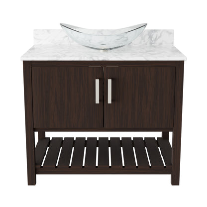 36-inch Novatto bath vanity with Carrara white marble countertop and integrated sink, shown from a front view.