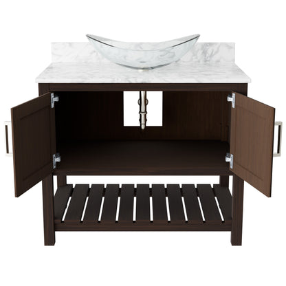 36-inch Novatto bath vanity with Carrara white marble countertop and integrated sink, shown from front view.