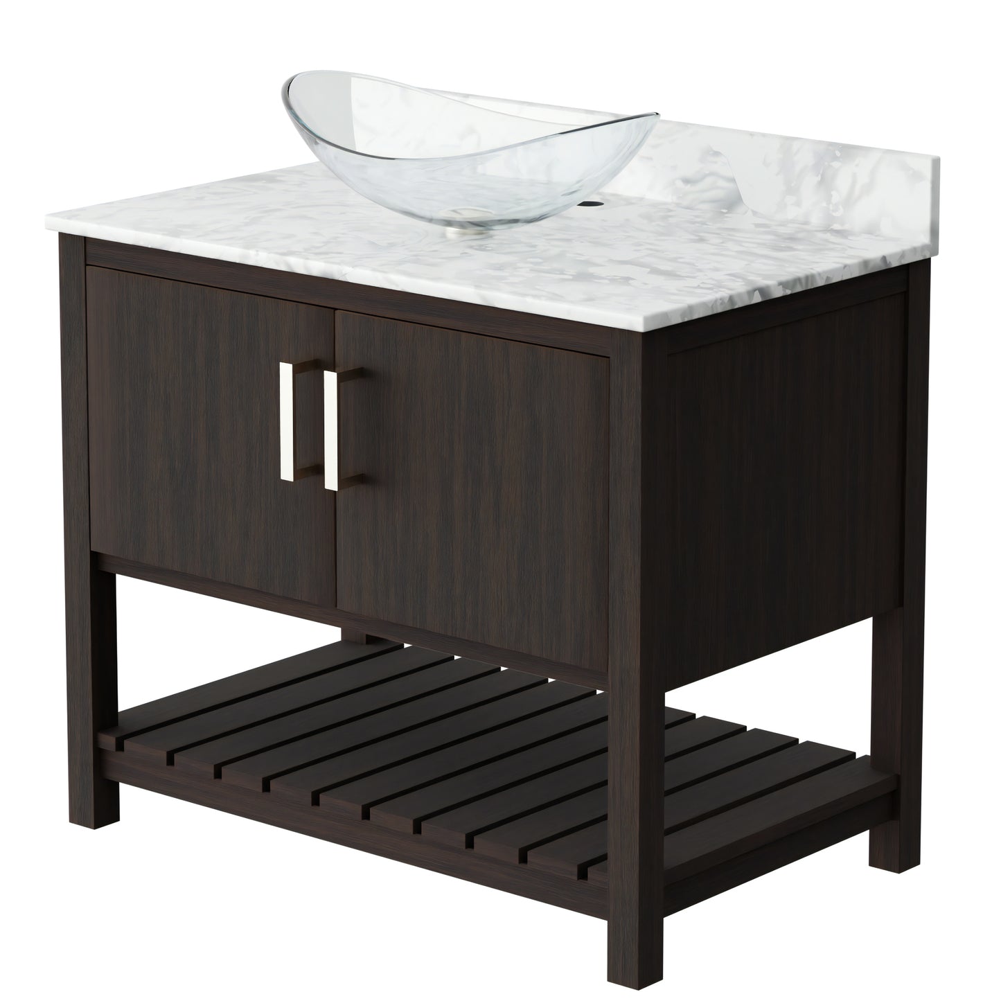 36-inch Novatto bathroom vanity with Carrara white marble counter and integrated sink, wood cabinet, and modern design.