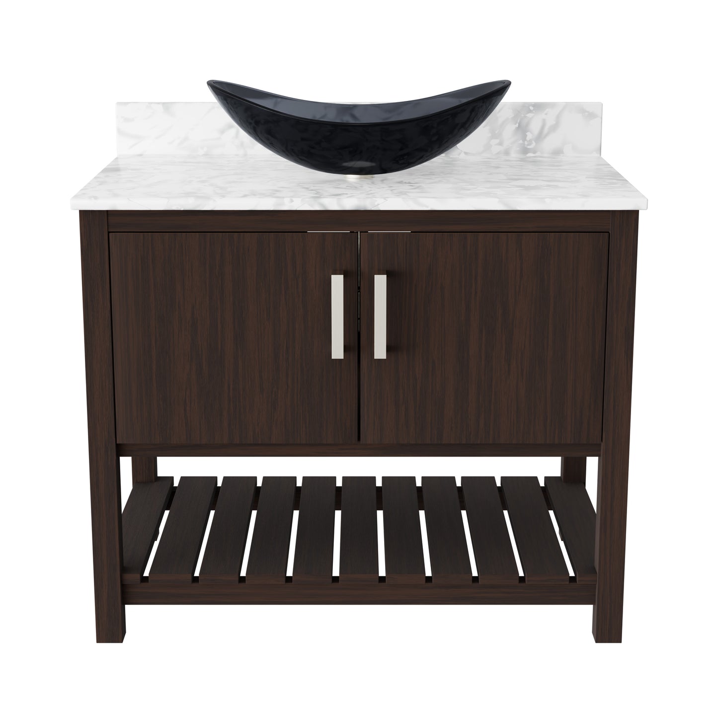36-inch Novatto bath vanity with Carrara white marble countertop and sink, showcasing polished marble and modern design.