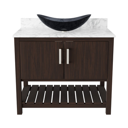 36-inch Novatto bath vanity with Carrara white marble countertop and sink, showcasing polished marble and modern design.