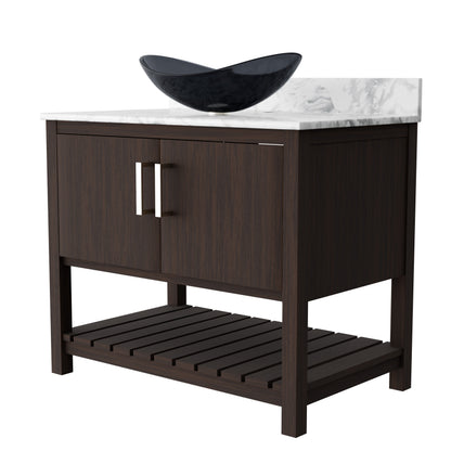 36-inch Novatto bathroom vanity with Carrara white marble countertop and integrated sink, showcasing elegant design and craftsmanship.