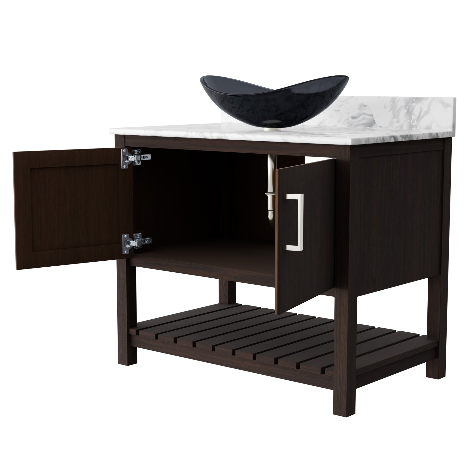 36-inch Novatto bath vanity with Carrara white marble countertop and integrated sink, modern bathroom accessory.