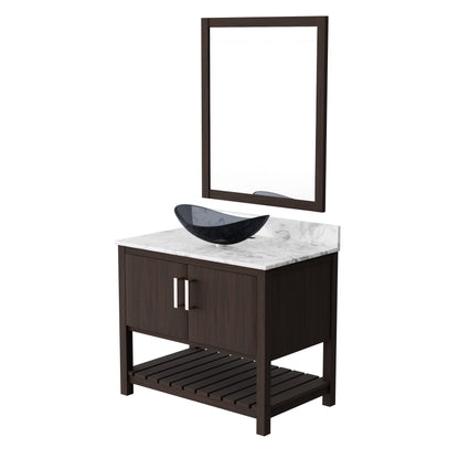 36-inch Novatto bath vanity with Carrara white marble countertop and integrated sink, showcasing its elegant design and craftsmanship.
