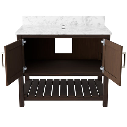 36-inch Novatto vanity with Carrara white marble countertop, showcasing a sleek bathroom accessory and elegant design.