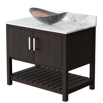 Novatto 36-inch bath vanity with Carrara white marble countertop and integrated sink, showcasing elegant bathroom accessory design.