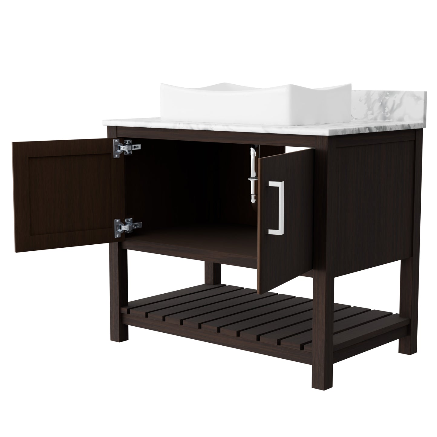 Novatto 36-inch bathroom vanity with Carrara white marble countertop and integrated sink, modern accessory for stylish bathroom decor.