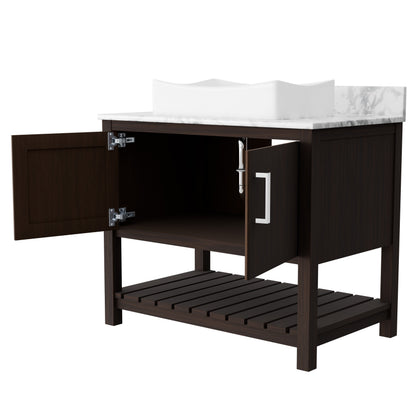 Novatto 36-inch bathroom vanity with Carrara white marble countertop and integrated sink, modern accessory for stylish bathroom decor.