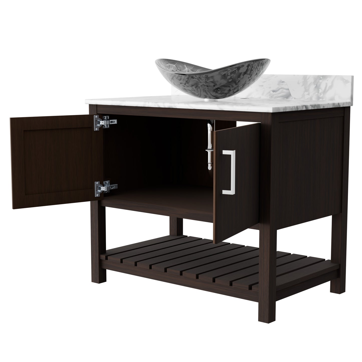 36-inch Novatto bath vanity with Carrara white marble countertop and integrated sink, showcasing elegant bathroom accessory design.