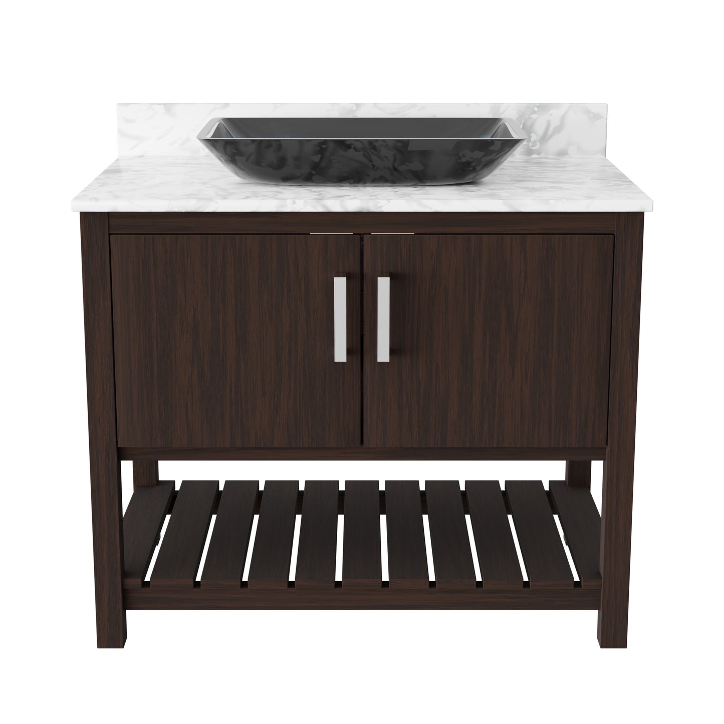 36-inch Novatto bath vanity with Carrara white marble counter and integrated sink, showcasing polished marble surface and classic design.