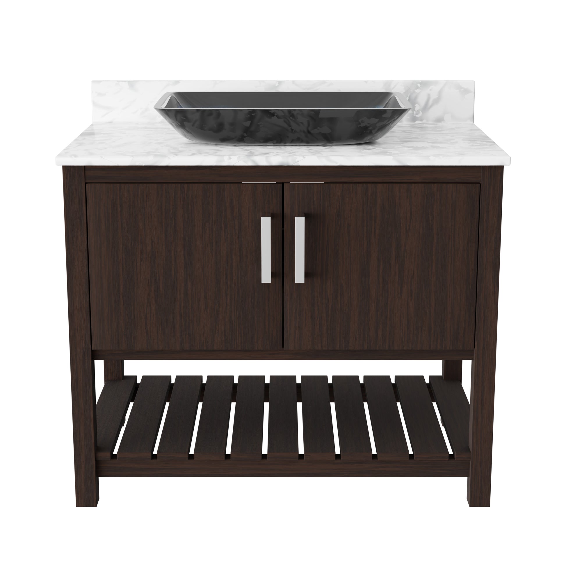 36-inch Novatto bath vanity with Carrara white marble counter and integrated sink, showcasing polished marble surface and classic design.