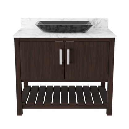 36-inch Novatto bath vanity with Carrara white marble counter and integrated sink, showcasing polished marble surface and classic design.