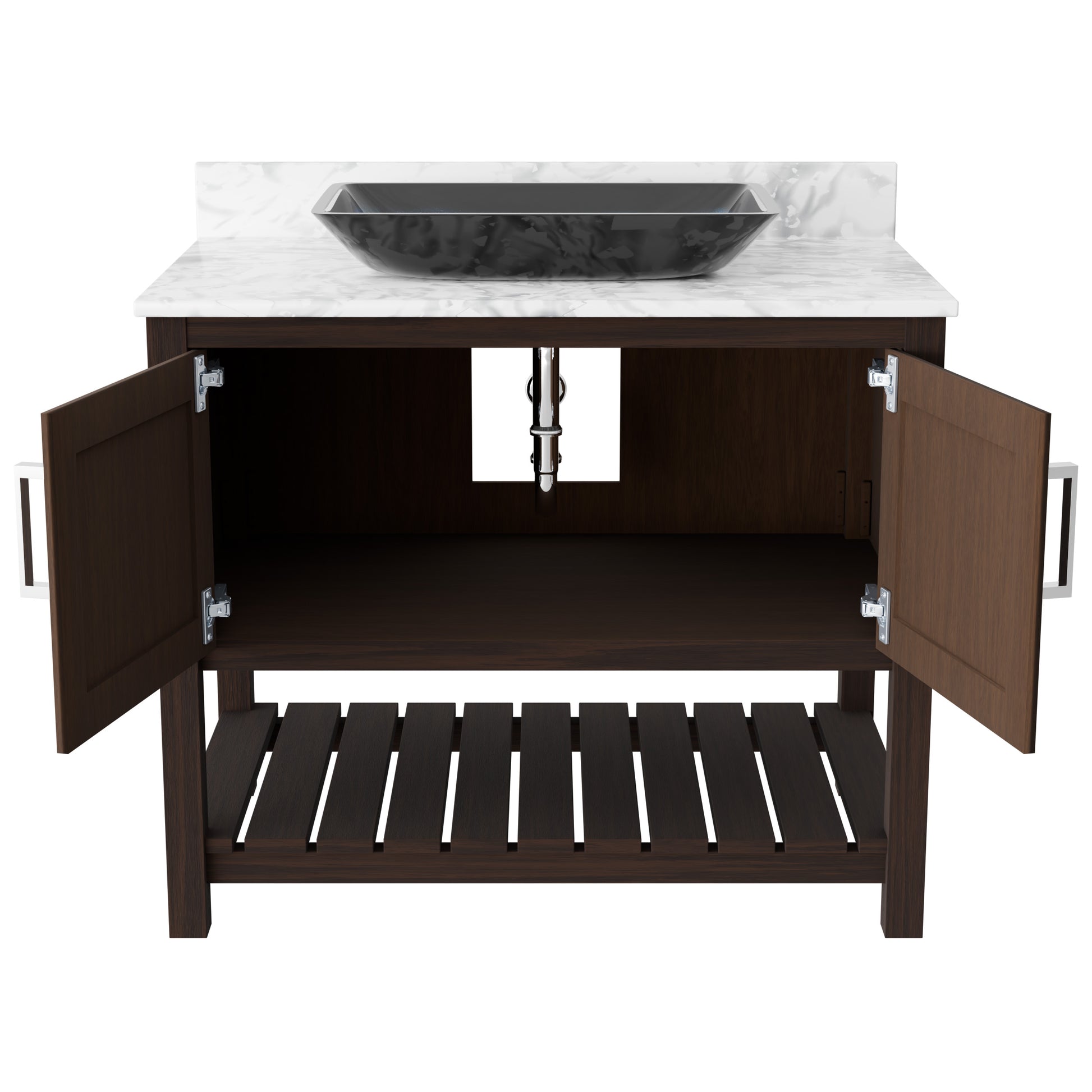 36-inch Novatto bath vanity with Carrara white marble countertop and integrated sink, showcasing elegant bathroom accessory design.