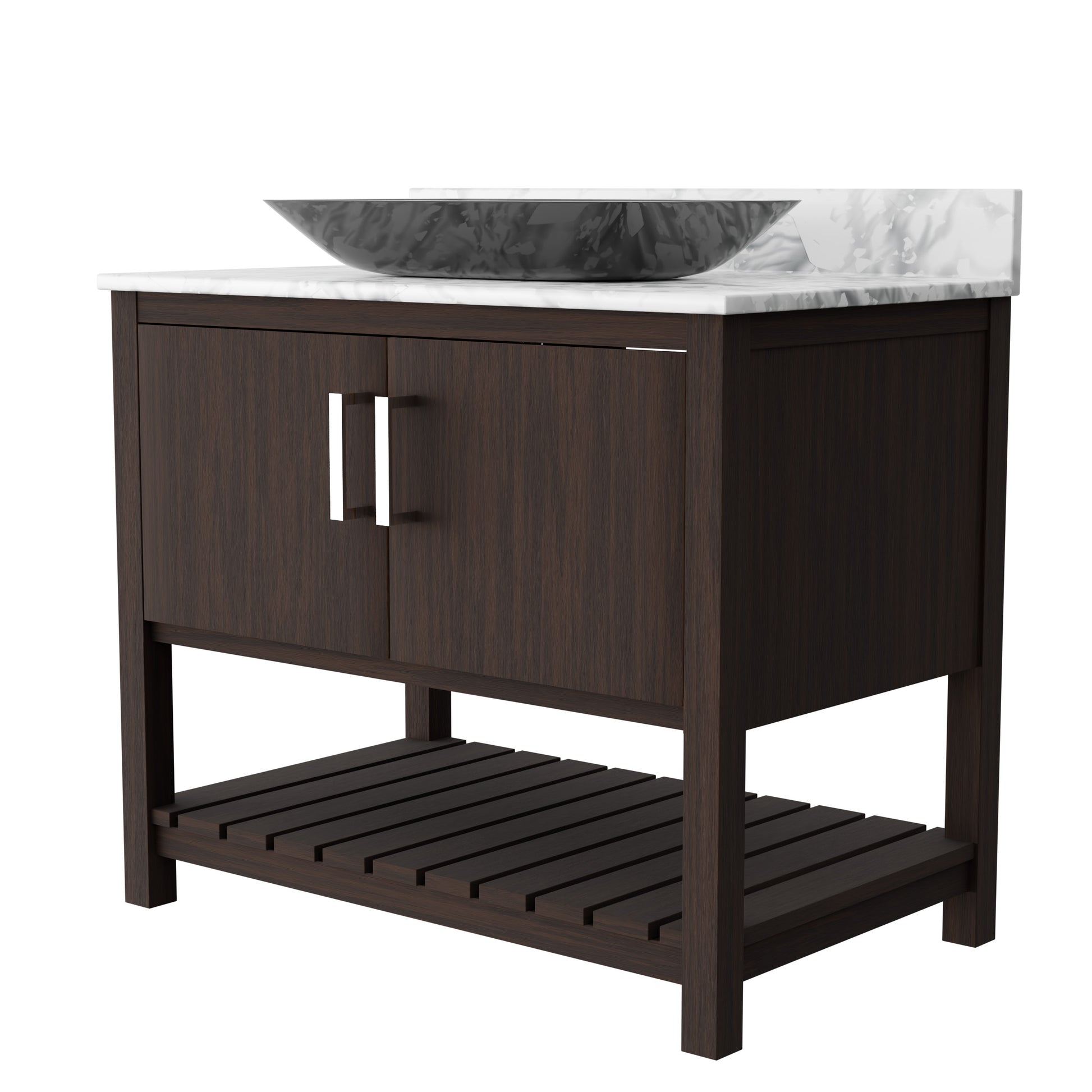 36-inch Novatto bath vanity with Carrara white marble counter and sink, showcasing sleek design and elegant surface details.