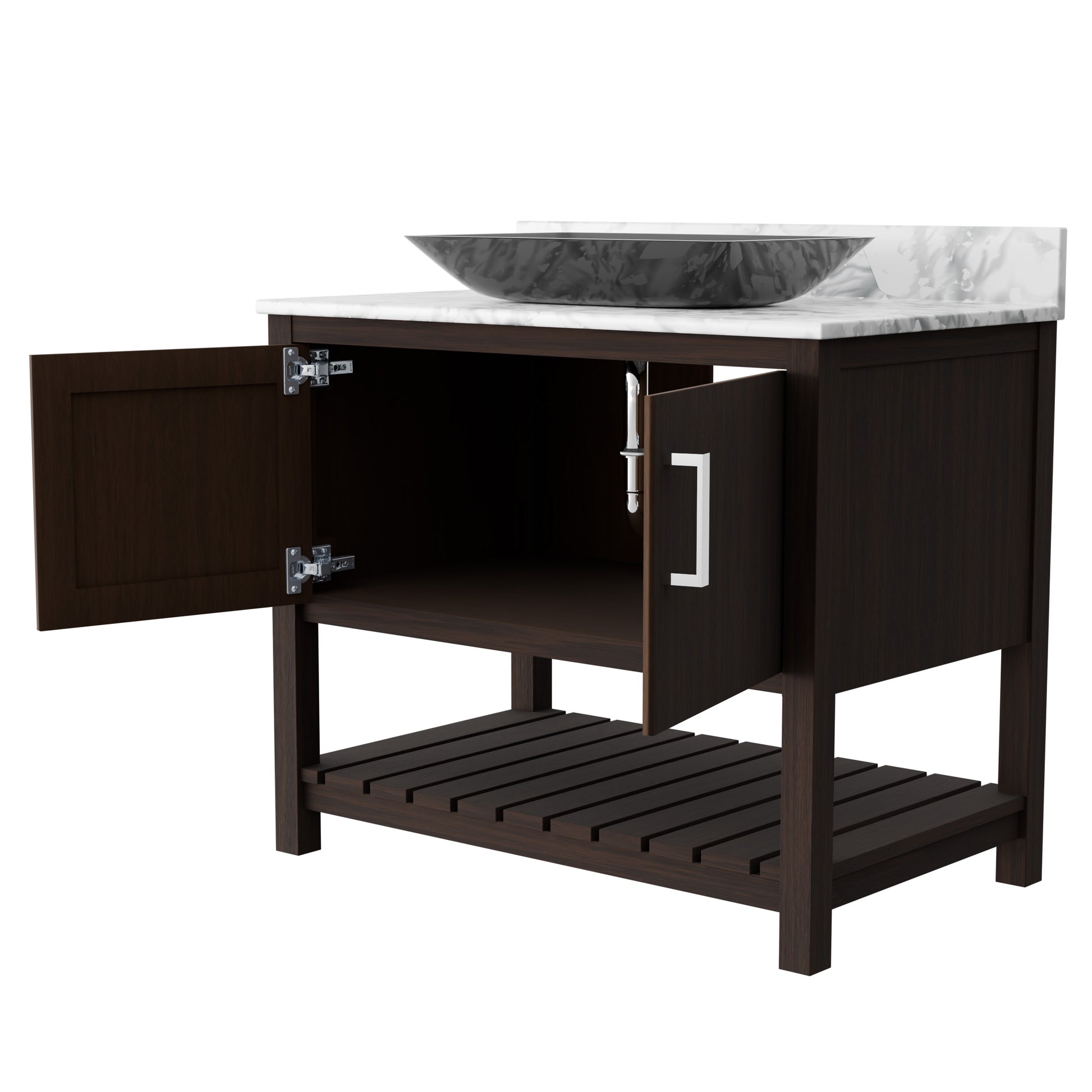 36-inch Novatto bath vanity with Carrara white marble counter and sink, featuring elegant white stone and modern faucet.