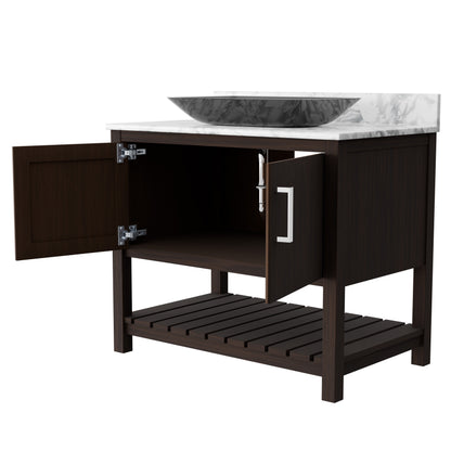 36-inch Novatto bath vanity with Carrara white marble counter and sink, featuring elegant white stone and modern faucet.