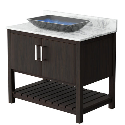 36-inch Novatto bath vanity with Carrara white marble countertop and integrated sink, shown in a modern bathroom setting.