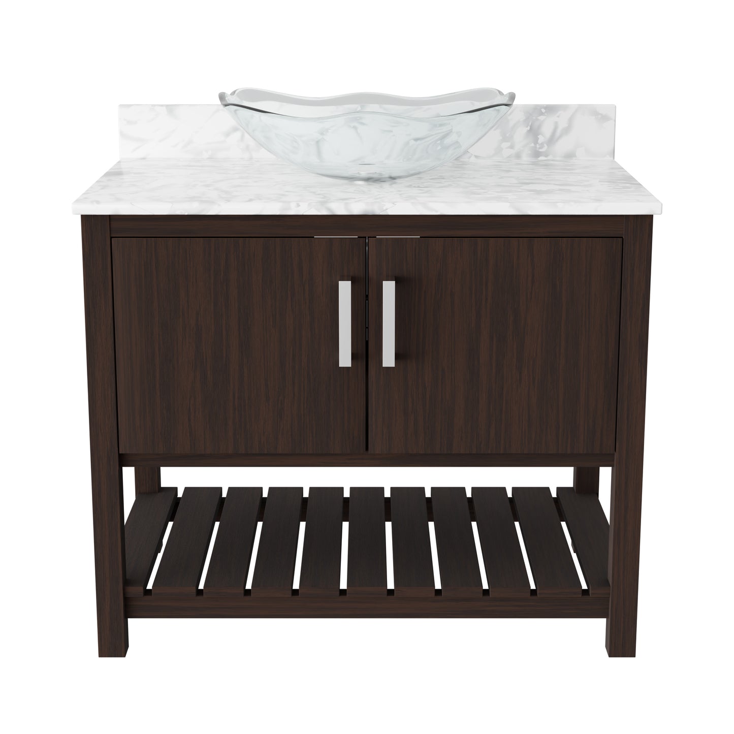 Novatto 36-inch bath vanity with Carrara white marble countertop and integrated sink, showcasing elegant bathroom accessory.