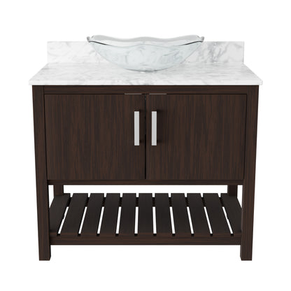 Novatto 36-inch bath vanity with Carrara white marble countertop and integrated sink, showcasing elegant bathroom accessory.