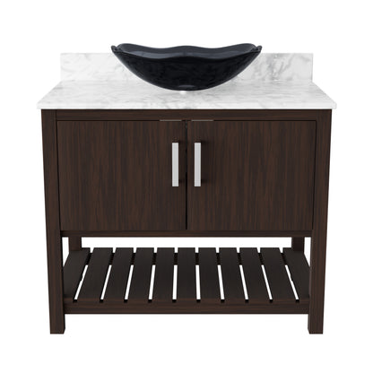 36-inch Novatto bath vanity with Carrara white marble counter and integrated sink, showcasing elegant bathroom accessory design