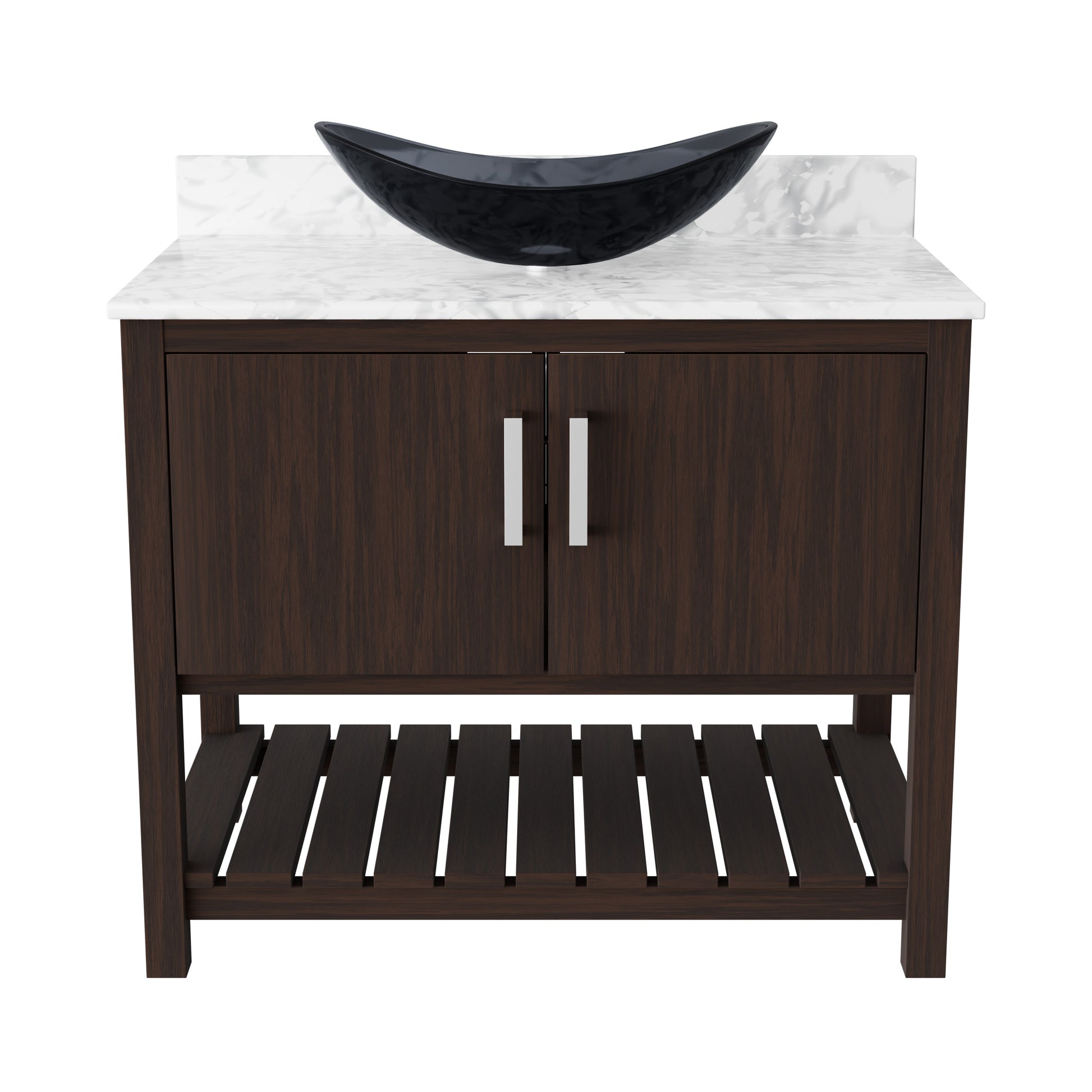 36-inch Novatto bath vanity with Carrara white marble counter and integrated sink, featuring sleek modern design.