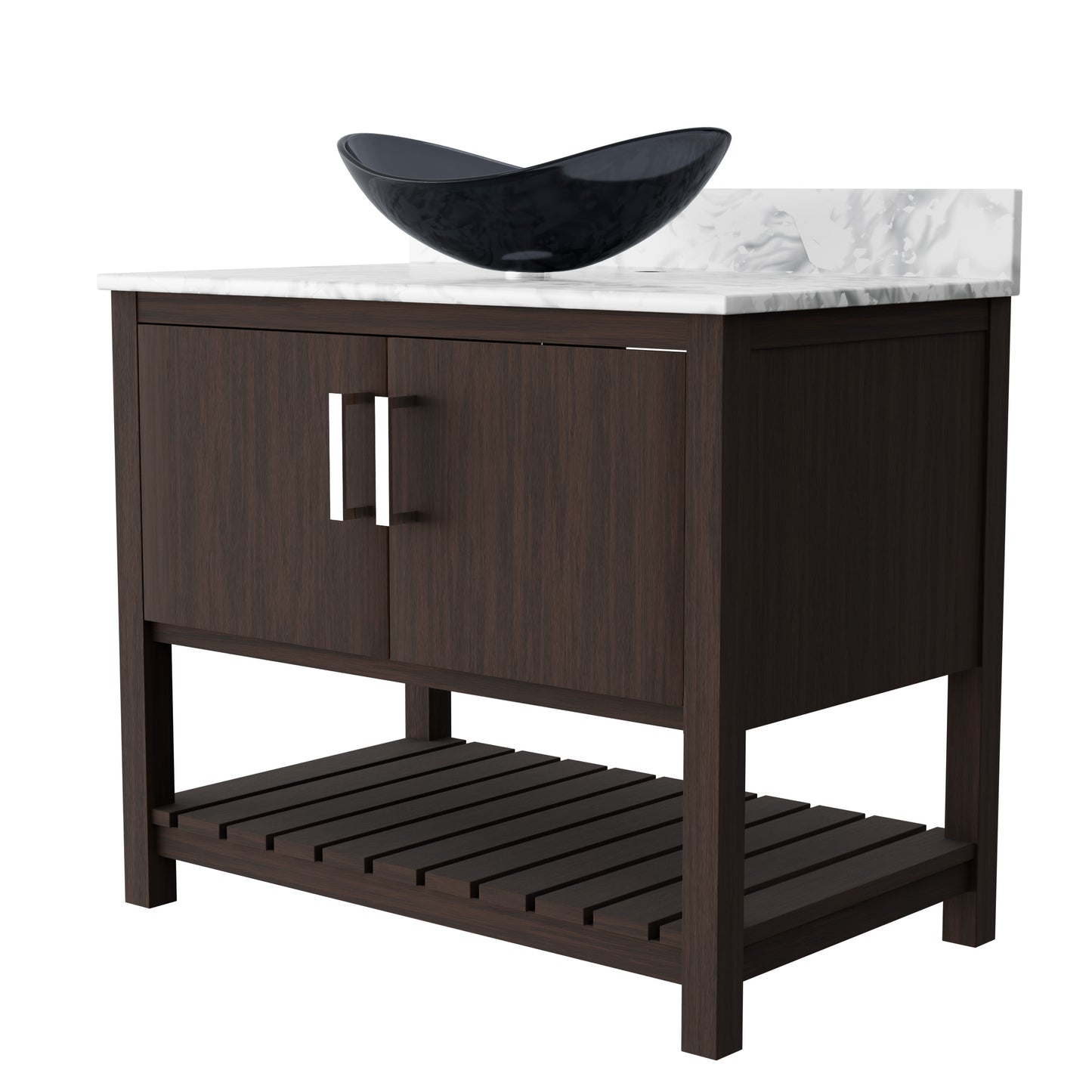 Novatto 36-inch bath vanity with Carrara white marble countertop and sink, showcasing elegant bathroom accessory design.