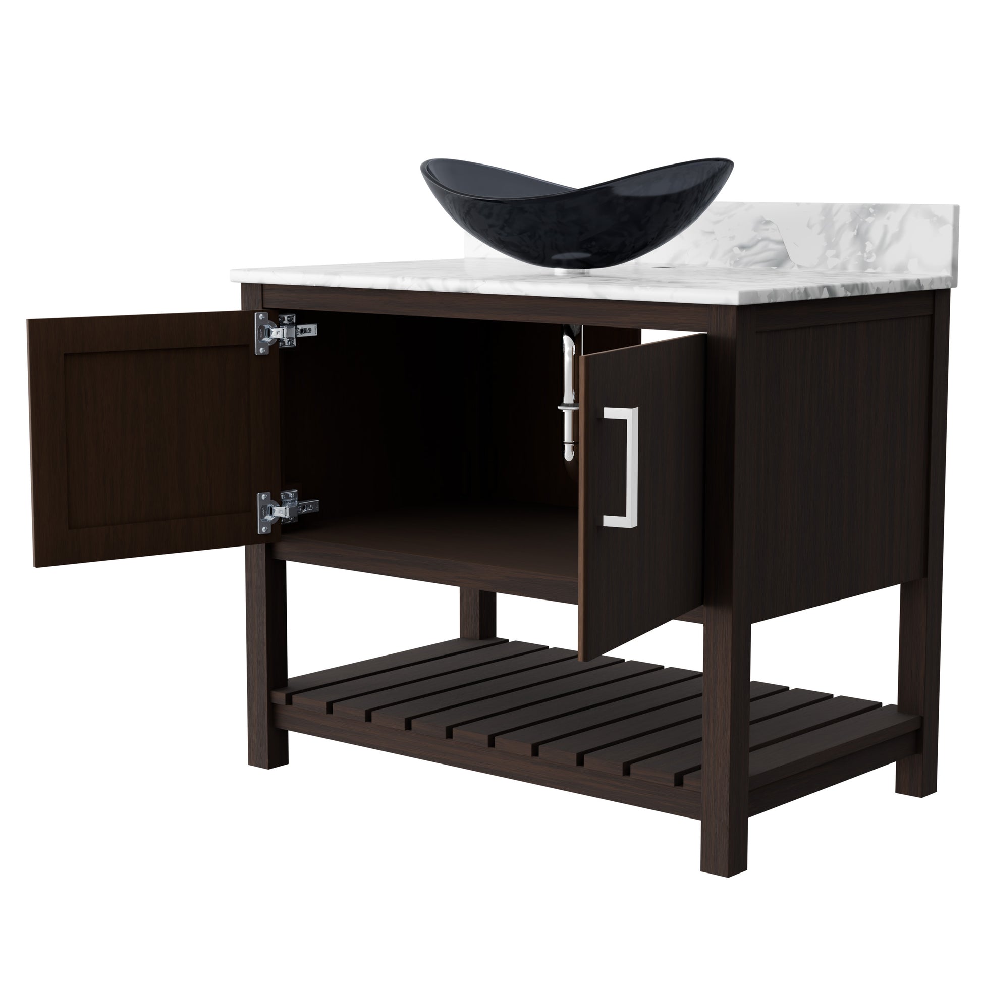36-inch Novatto bath vanity with Carrara white marble counter and integrated sink, showcasing sleek design and elegant surface.