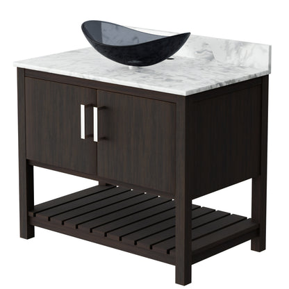 36-inch Novatto bathroom vanity with Carrara white marble countertop and integrated sink, showcasing elegant bathroom accessory design.