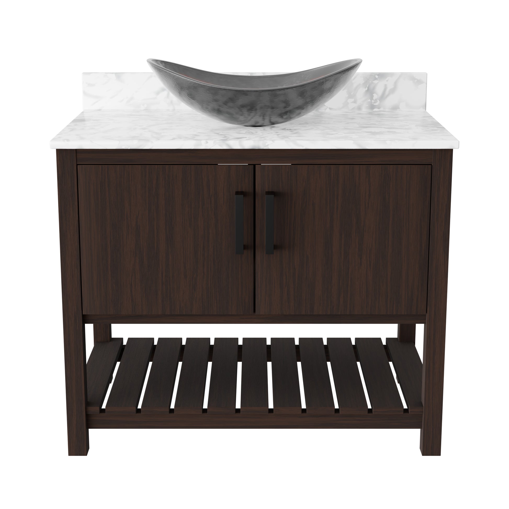 36-inch Novatto bath vanity with Carrara white marble countertop and integrated sink, showcasing elegant bathroom accessory design