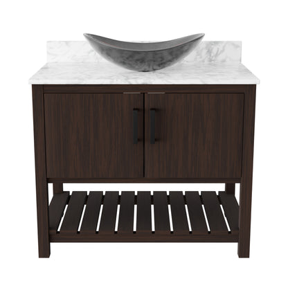36-inch Novatto bath vanity with Carrara white marble countertop and integrated sink, showcasing elegant bathroom accessory design