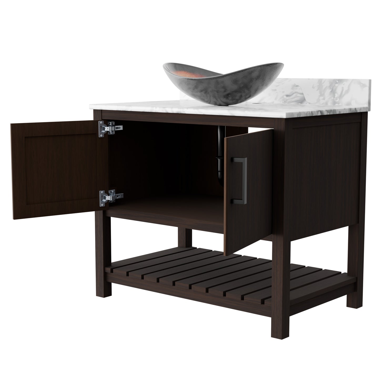 Novatto 36-inch bath vanity with Carrara white marble counter and integrated sink, modern bathroom accessory.