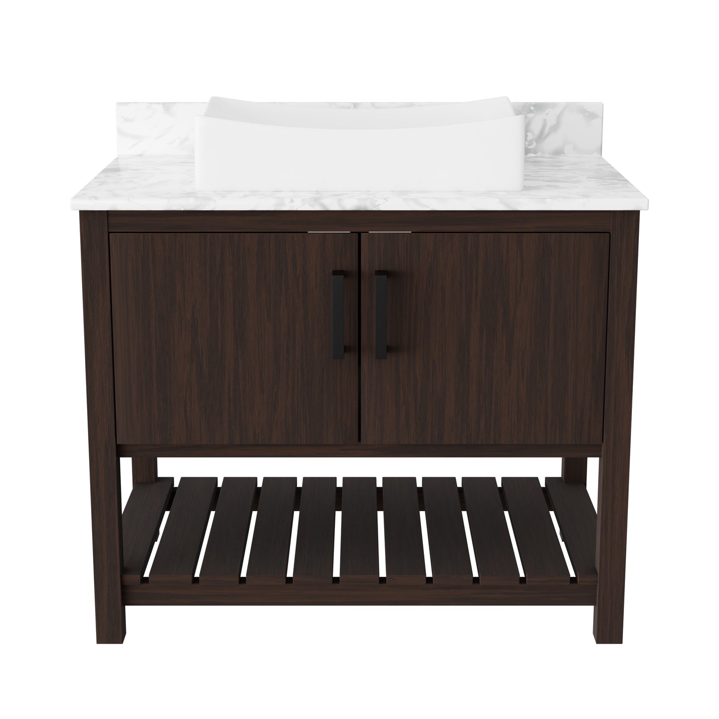 36-inch Novatto bath vanity with Carrara white marble countertop and integrated sink, modern bathroom accessory.
