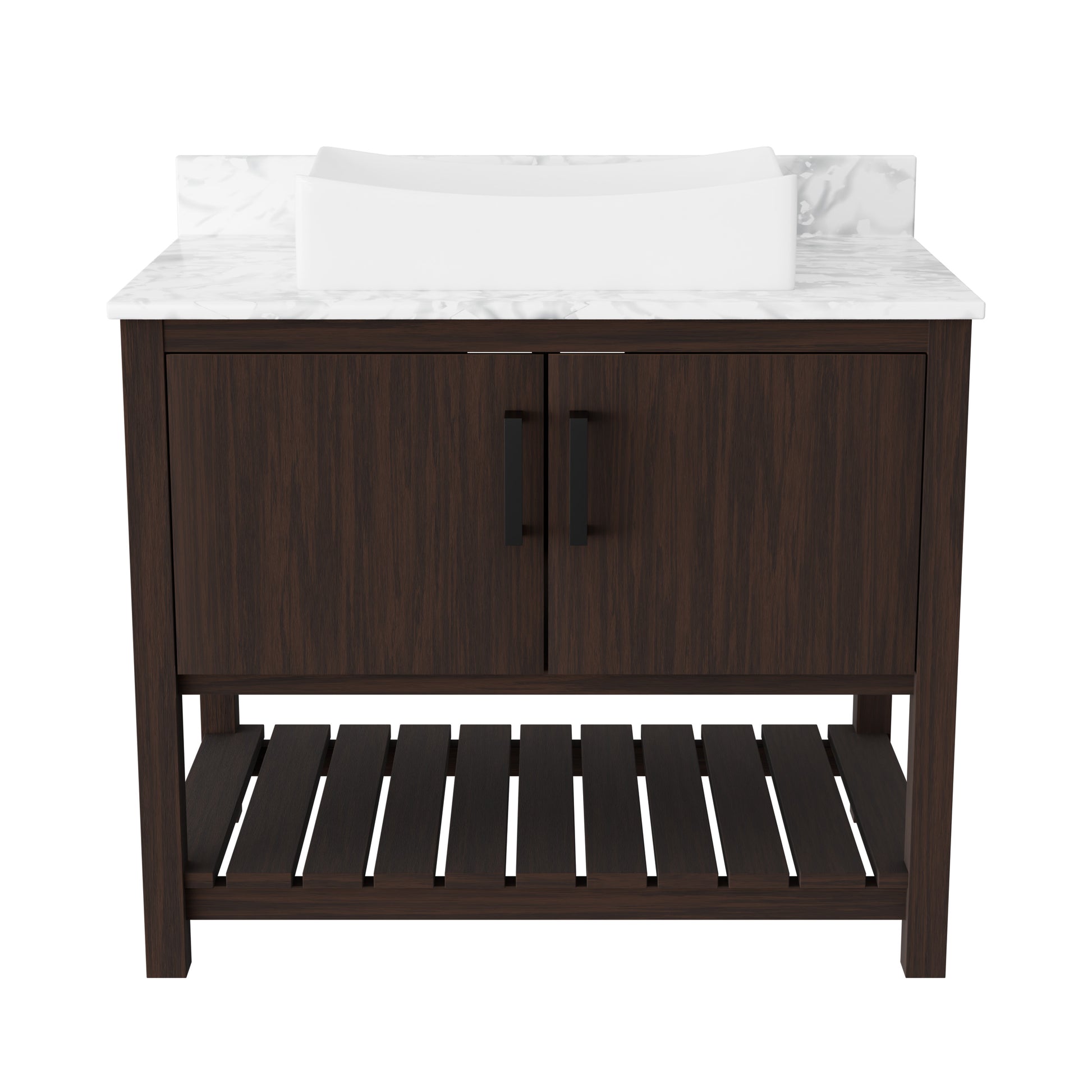 36-inch Novatto bath vanity with Carrara white marble countertop and integrated sink, modern bathroom accessory.